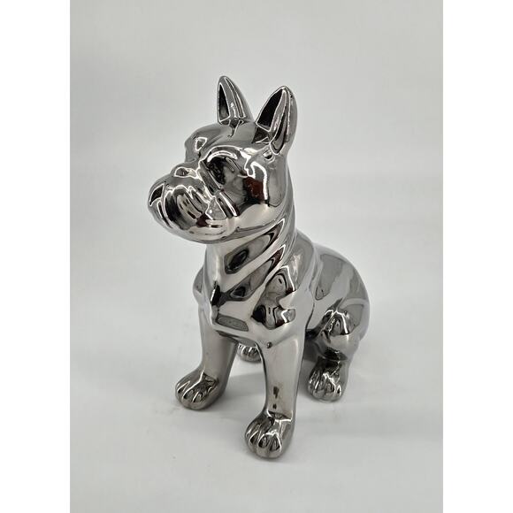 Metallic Silver Chrome Ceramic Bulldog Boxer Sculpture Statue 12.5 Inches Tall - Picture 1 of 11